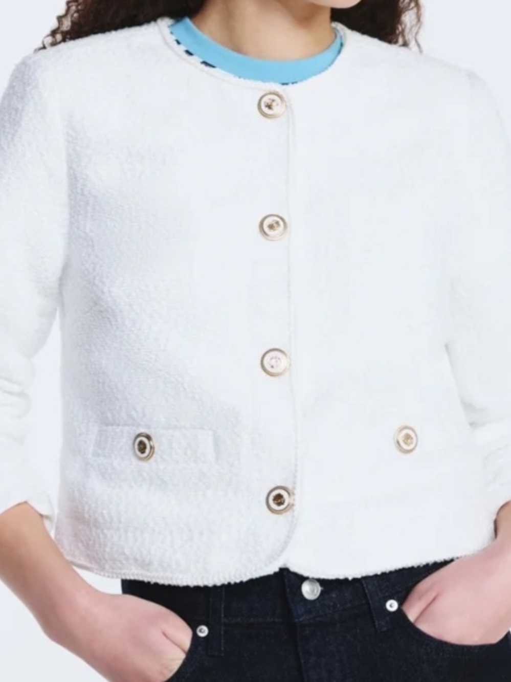Women's White Tweed Collarless Blazer Jacket (Never Worn) - Picture 3 of 4